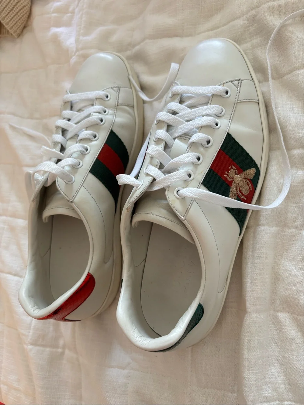 Gucci White Leather Sneakers with Green and Red Web & Gold Bee